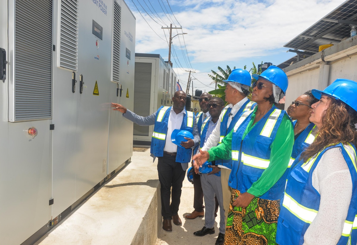 Minister of Health and Wellness, Dr. the Hon. Christopher Tufton (third right), is joined by National Health Fund (NHF) Board Chairman Shane Dalling (second left); NHF Chief Executive Officer, Everton Anderson (third left); Speaker of the House of Representatives, the Most Hon. Juliet Holness (second right); and Vice President of Programme Operations at Direct Relief, Genevieve Bitter (right), along with other stakeholders, as they listen to NHF Director of Institutional Benefits, Projects and Maintenance, Richard Allen (left), explain components of the solar system installed at the NHF's Pharmaceutical Warehouse on Marcus Garvey Drive in Kingston during the official commissioning on Wednesday (April 8).
