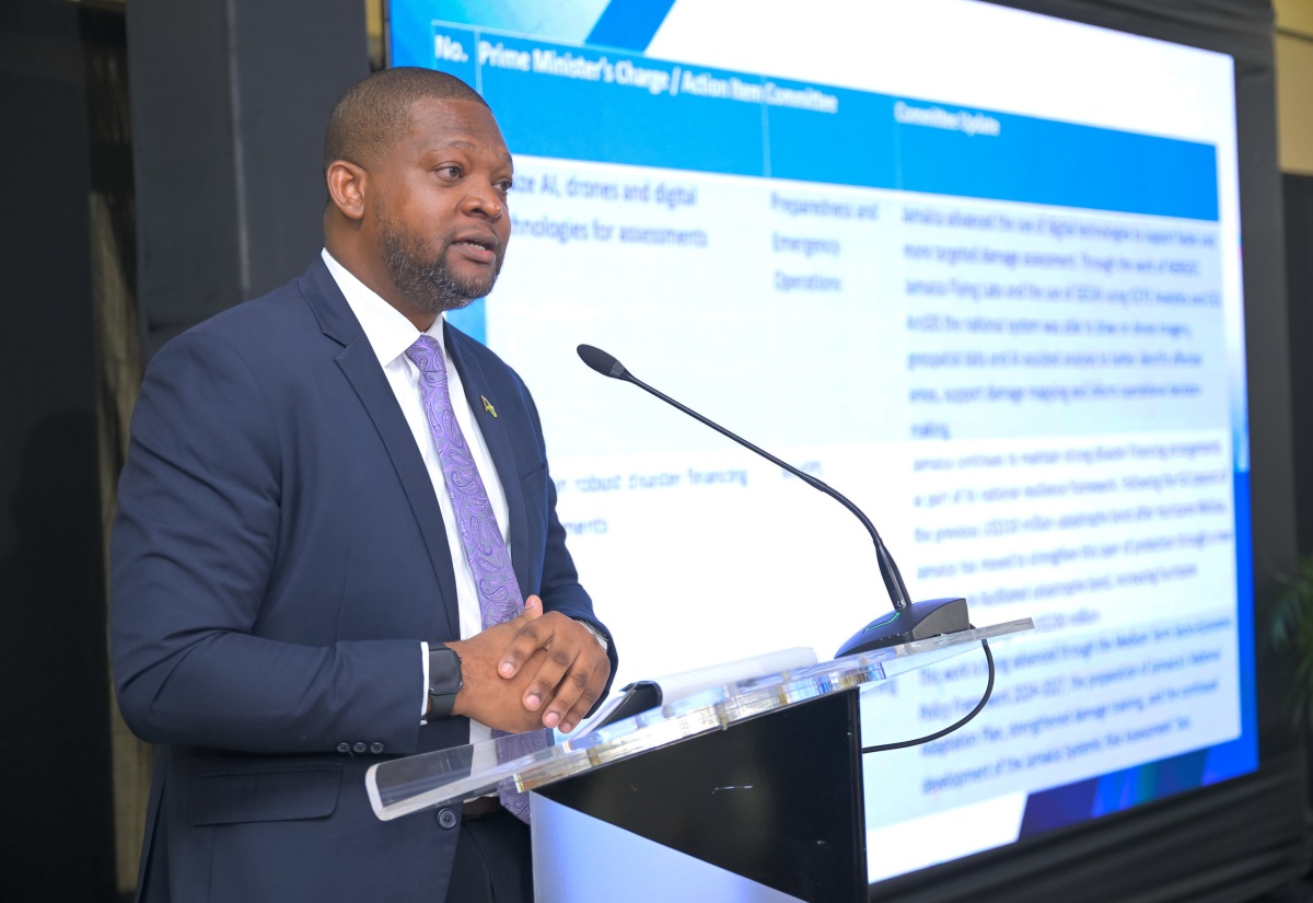 Director General, Office of Disaster Preparedness and Emergency Management (ODPEM), Commander Alvin Gayle, addresses the National Disaster Risk Management Council meeting at the Office of the Prime Minister in St. Andrew, on May 27.

