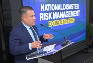 Minister of Water, Environment and Climate Change, Hon. Matthew Samuda, speaking at the National Disaster Risk Management Council Meeting at the Office of the Prime Minister on Wednesday, May 27.
