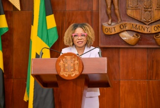 Minister of Education, Skills, Youth and Information, Senator Dr. the Hon. Dana Morris Dixon, responds to questions during yesterday’s (May 6) post-Cabinet press briefing at Jamaica House in St. Andrew.

