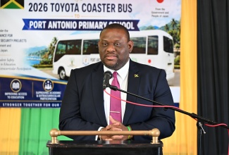 Parliamentary Secretary in the Ministry of Education, Skills, Youth and Information, Senator Marlon Morgan, speaks during the handover ceremony for a 2026 Toyota Coaster bus donated to Port Antonio Primary School in Portland on April 28.
