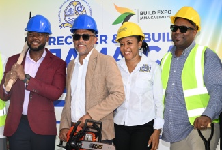 Chairman of the St. James Municipal Corporation, Richard Vernon (left); President of the Montego Bay Chamber of Commerce and Industry, Jason Russell (second left); Director of Montego Bay Chamber of Commerce and Industry, Julia Gordon; and Chairman of Build Expo Jamaica, Dwight Crawford, at the official launch of Recover and Rebuild Jamaica Expo 2026 at Pier One in Montego Bay, St. James, on Tuesday, May 19.

