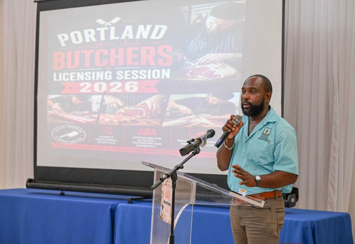 Livestock Officer at the Rural Agricultural Development Authority (RADA) Portland branch, Odane Edwards, addresses participants during the Portland Butchers Licensing Session held at Hotel Tim Bamboo in Port Antonio on April 27. 
