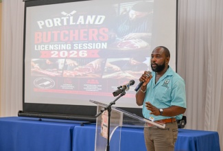 Livestock Officer at the Rural Agricultural Development Authority (RADA) Portland branch, Odane Edwards, addresses participants during the Portland Butchers Licensing Session held at Hotel Tim Bamboo in Port Antonio on April 27. 
