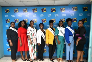 Contestants in the 2026 Miss Hanover Festival Queen Competition paid a courtesy call at the Jamaica Information Service (JIS) Montego Bay Regional Office on May 21 as part of their grooming and training activities ahead of the coronation show on June 6, at the Ruseas High School quadrangle in Lucea. They are joined by JIS Acting Regional Manager, Nickieta Sterling (second left) and Parish Manager for the Hanover office of the Jamaica Cultural Development Commission, Shiyan Williams (right).  The contestants are (from left) Miss Energy Pool and Spa Services, 18-year-old Destinya Locke; Miss Cousin