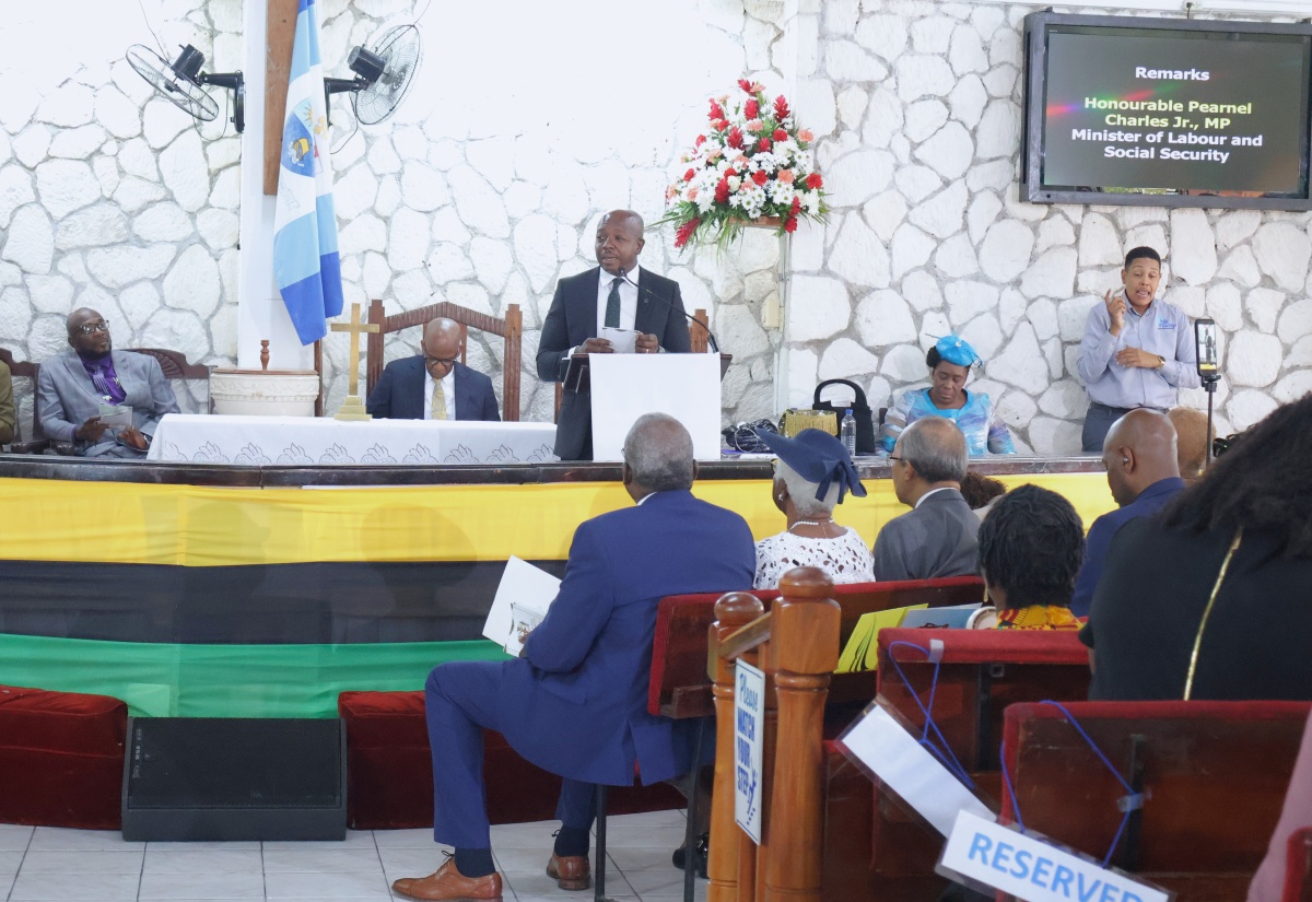 Minister of Labour and Social Security, Hon. Pearnel Charles Jr., addresses the congregation at the National Workers’ Week and Labour Day thanksgiving service, held at St. John’s Methodist Church in Montego Bay, St. James, on Sunday (May 17).
