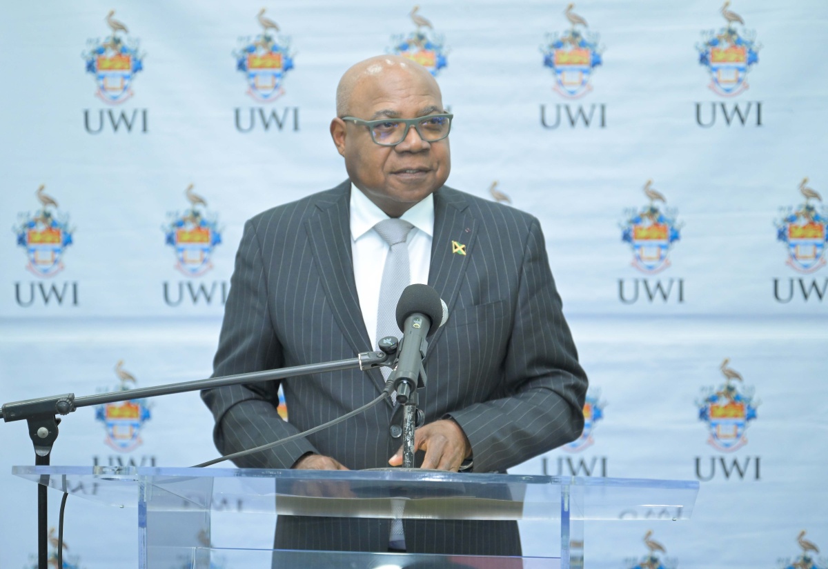 Minister of Tourism, Hon. Edmund Bartlett, delivers the featured address at the launch of the Faculty of Medical Sciences (FMS) Research Support Fund, at The University of the West Indies, Mona Campus, in St. Andrew, on April 28.
