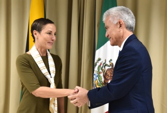Minister of Foreign Affairs and Foreign Trade, Senator the Hon. Kamina Johnson Smith (left), shares in dialogue with Ambassador of Mexico to Jamaica, Roberto Canseco Martínez, during a recent call by the Ambassador at the Ministry in Kingston.
