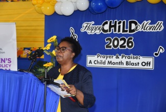 Senior Director, Children’s Affairs and Policy Division in the Ministry of Education, Skills, Youth and Information, Hyacinth Blair, delivers remarks during the Prayer and Praise Child Month Blast Off held on Friday (May 1) at the Ministry’s Heroes Circle offices in Kingston.