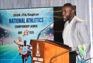 Chairman, Sports Committee of the Jamaica Teachers’ Association (JTA), Winston Robinson, delivers remarks during the recent launch of the (JTA)/Sagicor National Athletics Championships.

