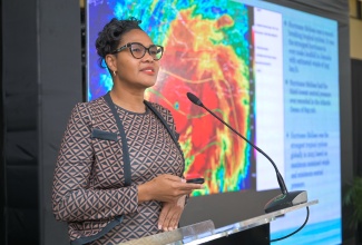 Climate Services Manager at the Meteorological Service of Jamaica, Jacqueline Spence-Hemmings, delivers her presentation during the National Disaster Risk Management Council Meeting at the Office of the Prime Minister on Wednesday (May 27).
