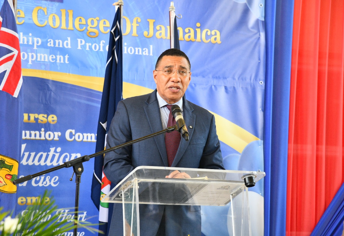 Prime Minister, Dr. the Most Hon. Andrew Holness, delivers the keynote address at the 91st Cohort graduation exercise for the Jamaica Constabulary Force (JCF) Staff and Junior Command Course, at the National Police College of Jamaica (NPCJ) in Twickenham Park, St. Catherine, on May 22.