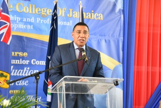 Prime Minister, Dr. the Most Hon. Andrew Holness, delivers the keynote address at the 91st Cohort graduation exercise for the Jamaica Constabulary Force (JCF) Staff and Junior Command Course, at the National Police College of Jamaica (NPCJ) in Twickenham Park, St. Catherine, on May 22.