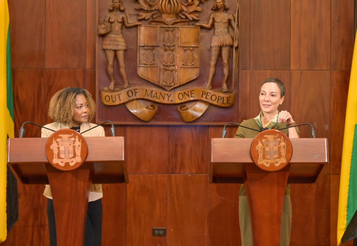 Minister of Foreign Affairs and Foreign Trade, Senator the Hon. Kamina Johnson Smith (right), is joined by Minister of Education, Skills, Youth and Information, Senator Dr. the Hon. Dana Morris Dixon, as she responds to question during Wednesday