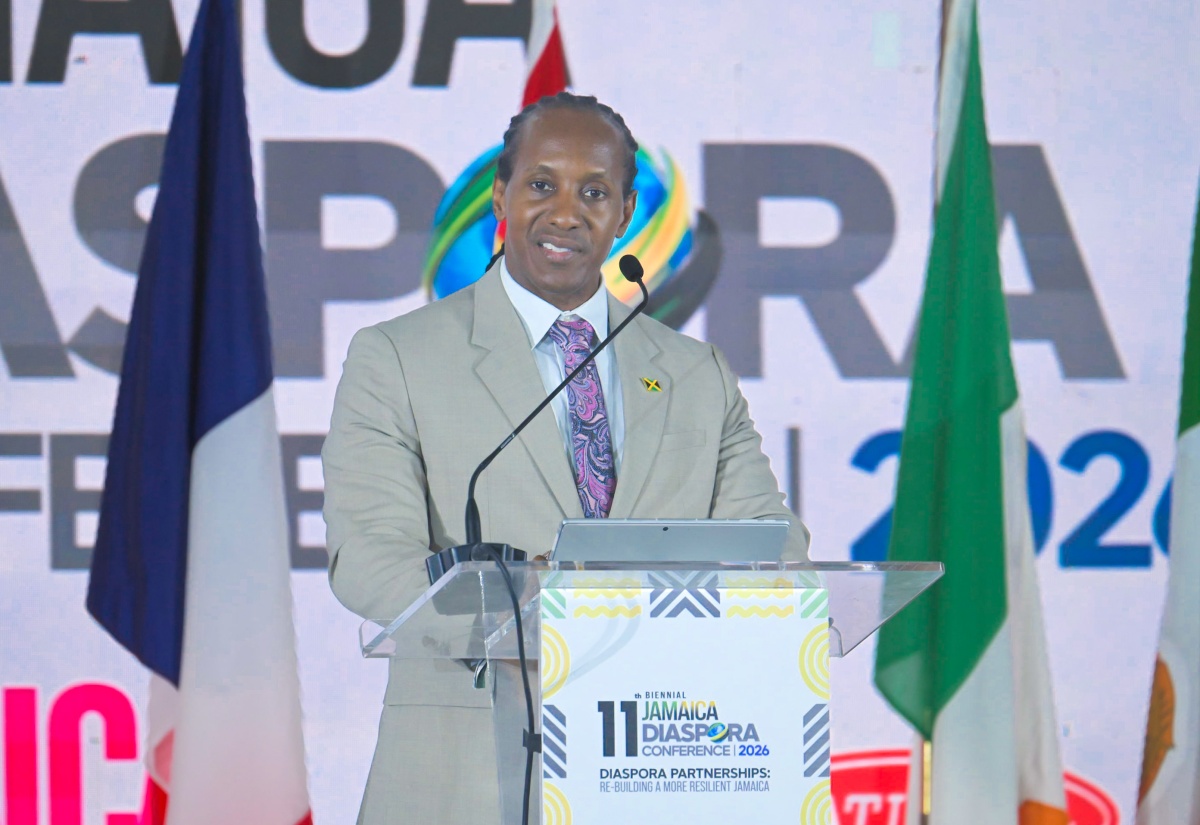 State Minister in the Ministry of Foreign Affairs and Foreign Trade, Hon. Alando Terrelonge, addresses the opening ceremony of the 11th Biennial Jamaica Diaspora Conference at the Montego Bay Convention Centre in Rose Hall, St. James, on Tuesday, June 16. 
