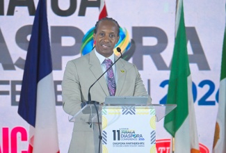 State Minister in the Ministry of Foreign Affairs and Foreign Trade, Hon. Alando Terrelonge, addresses the opening ceremony of the 11th Biennial Jamaica Diaspora Conference at the Montego Bay Convention Centre in Rose Hall, St. James, on Tuesday, June 16.