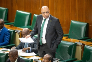 Minister of State in the Ministry of Industry, Investment and Commerce, Hon. Delano Seiveright, makes his contribution to the debate on a Private Member’s Motion concerning Jamaica’s cement supply situation in the House of Representatives on Tuesday, June 23.

