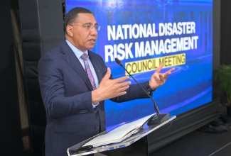 Prime Minister, Dr. the Most Hon. Andrew Holness, addresses the recent National Disaster Risk Management Council Meeting at the Office of the Prime Minister.
