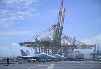 Aircraft on the flight deck of the USS Nimitz, which is docked at the Kingston Freeport Terminal through to June 5.
