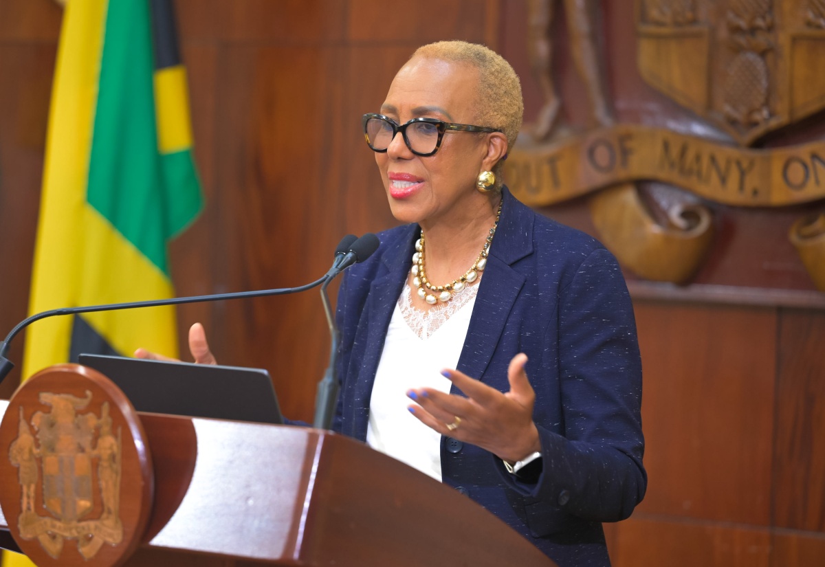 Minister of Finance and the Public Service, Hon. Fayval Williams, addresses Wednesday’s (June 10) Post-Cabinet Press Briefing at Jamaica House.
