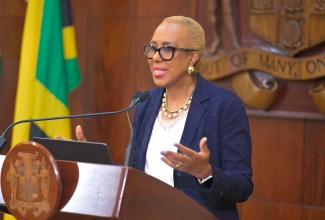 Minister of Finance and the Public Service, Hon. Fayval Williams, addresses Wednesday’s (June 10) Post-Cabinet Press Briefing at Jamaica House.

