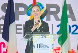 Minister of Foreign Affairs and Foreign Trade, Senator the Hon. Kamina Johnson Smith, addresses the ceremonial opening of the 11th Biennial Jamaica Diaspora Conference at the Montego Bay Convention Centre in St. James, on Tuesday (June 16).