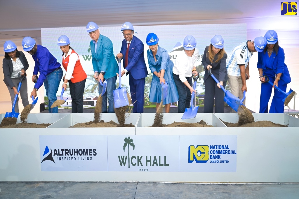 Prime Minister, Dr. the Most Hon Andrew Holness (fourth left), participates in the breaking of ground for the Wick Hall Estate housing development in St. Catherine on Friday (June 12). He is joined by (from left) Principal Architect, MatandaraClarke Architects, Mlela Matandara-Clarke; Minister without Portfolio with responsibility for Science, Technology and Special Projects in the Office of the Prime Minister and Member of Parliament for St Catherine South Central, Dr. the Hon Andrew Wheatley; Deputy Chairman, The Arc Group, Charlotte Hayles; ARC Group Chairman, Norman Horne;  Director, Altruistic Investments, Ashley-Ann Horne; Chief Executive Officer, Brothers Concepts & Solutions Limited, Yuchen Tao; Vice President, Corporate Banking, National Commercial Bank (NCB), Carlene Lyn; Mayor of Spanish Town,  Councillor Norman Scott; and Chief of Staff to the Chairman, NCB Financial Group, Maureen Denton.