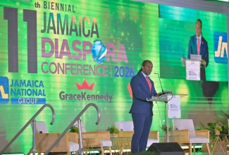 Minister of State in the Ministry of Foreign Affairs and Foreign Trade, Hon. Alando Terrelonge, addresses the commencement session of the 11th Biennial Jamaica Diaspora Conference on Monday (June 15), at the Montego Bay Convention Centre in St. James. 

