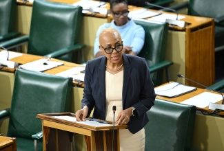Minister of Finance and the Public Service, Hon. Fayval Williams, speaks in  the House of Representatives on July 7.
