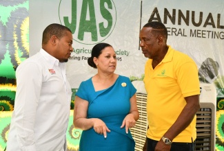 Minister of Agriculture, Fisheries and Mining, Hon. Floyd Green (left), in discussion with Hon. Edith Chin, Custos of Clarendon, and Derron Grant, Chief Executive Officer, Jamaica Agricultural Society, at the 128th Annual General Meeting, held at the Denbigh Showground on Wednesday, July 8.
