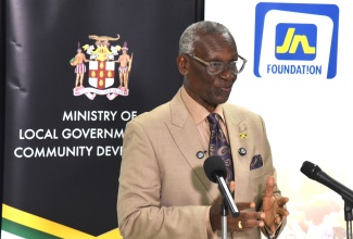 Local Government and Community Development Minister,  Hon. Desmond McKenzie, addresses the ceremony for the handover of supplies valued at US$415,000 to support the Ministry