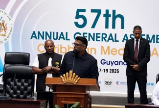 President of the Co-operative Republic of Guyana, His Excellency Dr. Mohamed Irfaan Ali, delivers the keynote address during the opening ceremony of the Caribbean Broadcasting Union’s 57th Annual General Assembly (AGA) on August 18 at the Arthur Chung Conference Centre in Liliendaal, East Coast Demerara, Guyana.
