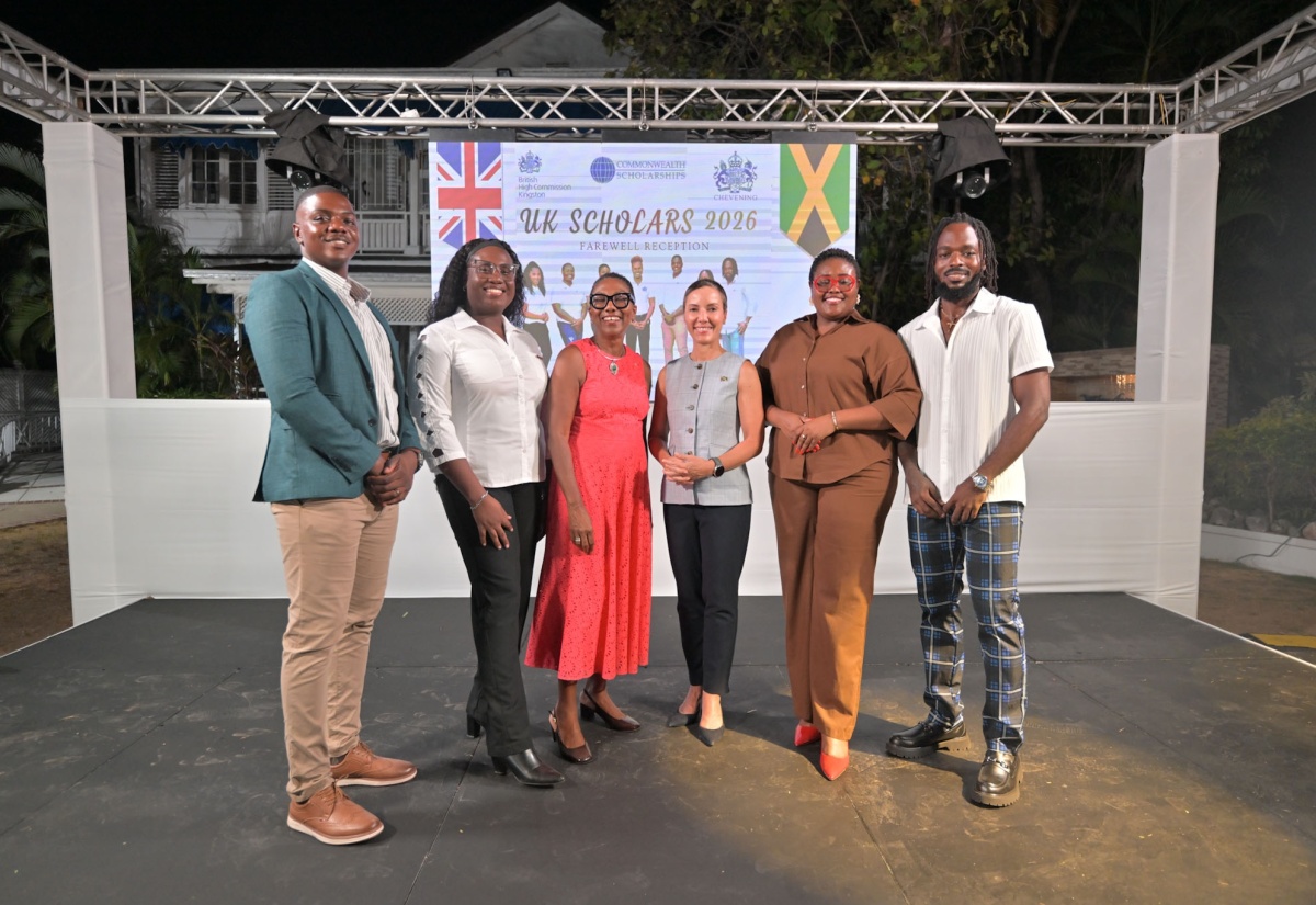 Minister of Foreign Affairs and Foreign Trade, Senator the Hon. Kamina Johnson Smith (third right), and British High Commissioner to Jamaica, Her Excellency Alicia Herbert (third left), with the 2026 Commonwealth scholars (from left): Jamaica Defence Force (JDF) Coast Guard and Military Officer, Lieutenant (Senior Grade) Ricardo Hunter; Lamar-Shey Grant, Emoney Clayton and Jerome Garwood, during a farewell reception held at the British High Commission in Kingston, on Tuesday (August 25).
