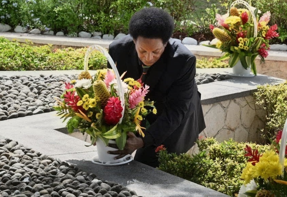 Grandson of National Hero, the Right Excellent Marcus Mosiah Garvey, Colin Garvey, lays flowers in commemoration of his grandfather’s 139th anniversary of birth on Monday (August 17) at National Heroes Park in Kingston.

