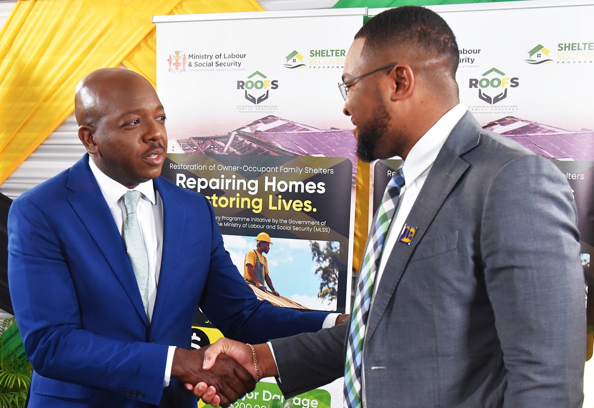 Minister of Labour and Social Security, Hon. Pearnel Charles Jr. (left), greets Jamaica Information Service (JIS) Chief Executive Officer, Giovanni Dennis, ahead of a Ministerial Update Interview on Tuesday (August 25) at the Ministry’s North Street offices in downtown Kingston.
