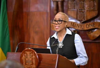 Minister of Finance and the Public Service, Hon. Fayval Williams, speaks during Wednesday's (September 16) post-Cabinet press briefing at Jamaica House.
