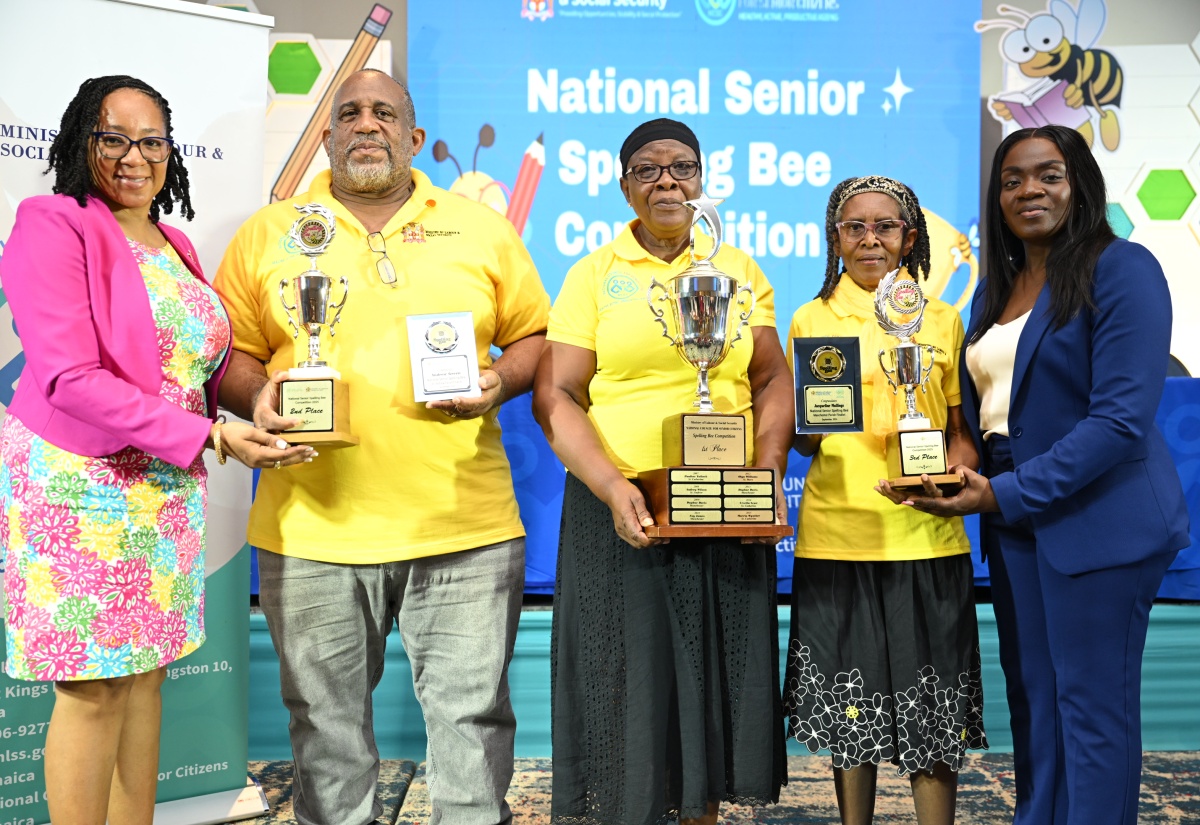 Executive Director of the National Council for Senior Citizens (NCSC), Cassandra Morrison (right) and Chairman, Advisory Board, NCSC, Dr. Julian McKoy Davis (left), share a photo opportunity with the top three competitors in the 2026 National Senior Citizens’ Spelling Bee Competition held on Thursday (Sept. 3) at the Jamaica Pegasus Hotel in New Kingston.  They are (from second left) second place, Andrew Green representing St. Andrew;  Champion, Veronica Richards Whittaker from St. Mary; and third place Jacqueline Mullings from Manchester.


