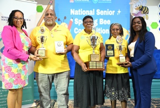 Executive Director of the National Council for Senior Citizens (NCSC), Cassandra Morrison (right) and Chairman, Advisory Board, NCSC, Dr. Julian McKoy Davis (left), share a photo opportunity with the top three competitors in the 2026 National Senior Citizens’ Spelling Bee Competition held on Thursday (Sept. 3) at the Jamaica Pegasus Hotel in New Kingston.  They are (from second left) second place, Andrew Green representing St. Andrew;  Champion, Veronica Richards Whittaker from St. Mary; and third place Jacqueline Mullings from Manchester.

