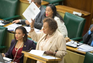 Minister of Culture, Gender, Entertainment and Sport, Hon. Olivia Grange, displays a copy of the reparations petition filed on September 7, 2026, which has been referred  to the Judicial Committee of the Privy Council by King Charles III, during a statement to the House of Representatives on Tuesday (September 22).
