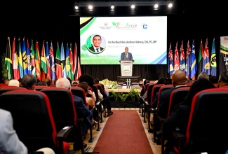 Prime Minister, Dr. the Most Hon. Andrew Holness, delivers the keynote address at the opening of the 20th Caribbean Week of Agriculture (CWA), at the Ocean Coral Spring Resort in Trelawny on Sunday (September 27). The six-day event, which runs until October 2, is being held under the theme ‘The New FACE of Caribbean Food Systems’. 

