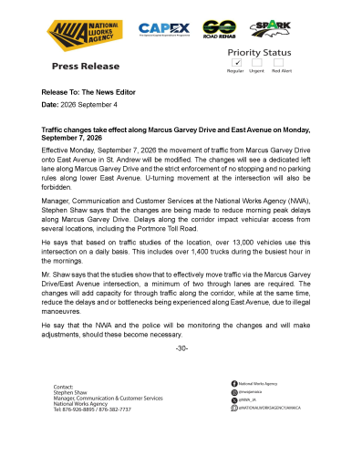 Traffic Movement Changes Coming on Monday in St. Andrew