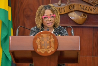 Minister of Education, Skills, Youth and Information, Senator Dr. the Hon. Dana Morris Dixon, addresses Wednesday’s (October 7) post-Cabinet press briefing at Jamaica House.
