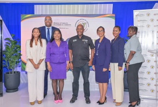 Minister of Industry, Investment and Commerce, Senator the Hon. Aubyn Hill (centre), shares a photo opportunity with (from left) State Minister, Hon. Delano Seiveright; Sector Specialist in Technology, Inter- American Development Bank (IDB), Nyataha Taitt; Companies Office of Jamaica (COJ) Chief Executive Officer, Shellie Leon; Permanent Secretary, Sancia Bennett Templer; Chief Technical Director in the Ministry, Latoya Richards Franklin, and Acting Deputy CEO, COJ, Inger Hainsley-Bennett. The event was the launch of the COJ 'Go Green, Go Paperless' Digital Services on Wednesday, October 28 at the Courtleigh Hotel and Suites in Kingston.
