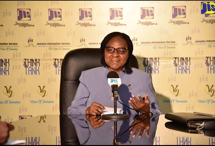 Regional Case Management Officer, Citizen Security and Justice Programme (CSJP) III Central Region, Alva Marie Graham (second left), addresses a recent Jamaica Information Service (JIS) Think Tank. 