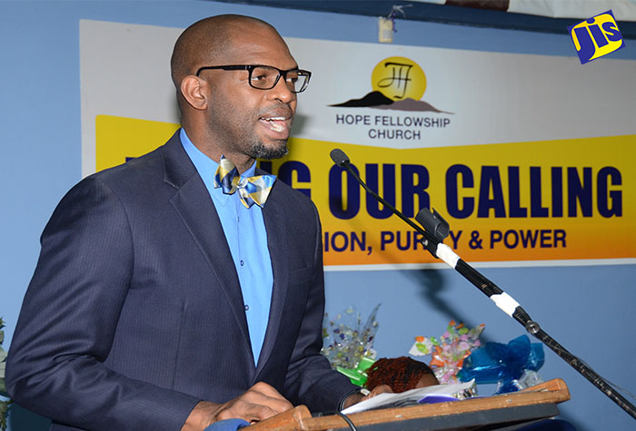 Senior Advisor in the Ministry of Education, Youth and Information, Robert Miller, delivering the keynote address at the 2016 graduation ceremony for the Tarrant Primary School, held at the Hope Fellowship Church, in St. Andrew, on June 23.