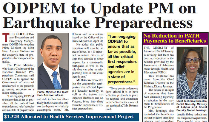 ODPEM to Update PM on
Earthquake Preparedness