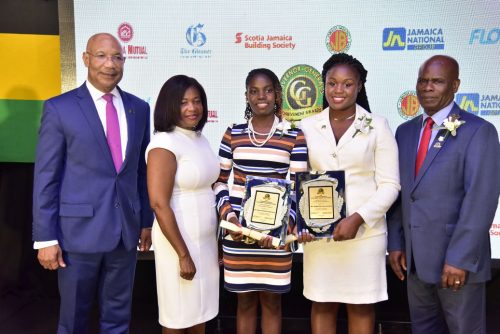 Governor-General, His excellency the Most Hon. Sir Patrick Allen (left); the Most Hon. Lady Allen (second left), and Custos of Kingston, Hon. Steadman Fuller (right), with two of the 2018 recipients of the Governor-General Achievement Awards for the County of Surrey, Dr. Tameka Stephenson (third left) and Nicole McLaren-Campbell. The ceremony was held at the Terra Nova All-Suite Hotel in St. Andrew on April 26.