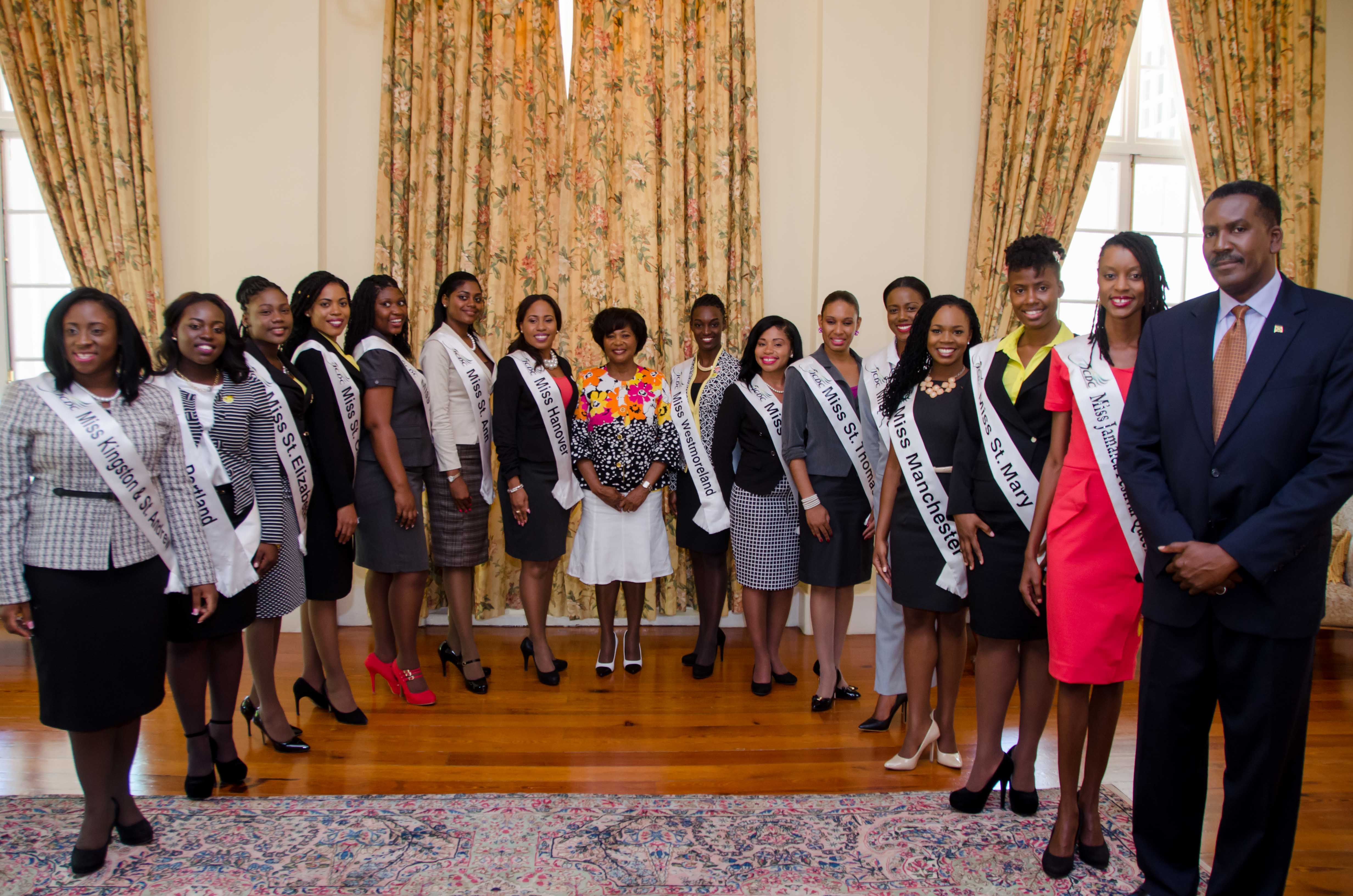 Wife of the Governor-General, Her Excellency the Most Hon. Lady Allen (centre),  with contestants in the Jamaica Cultural Development Commission (JCDC) Miss Jamaica Festival Queen 2015 Competition, who called on her at King’s House, on  July 28. At second right is Jamaica Festival Queen 2014, Anjell Bryan, and at right is  Events Specialist at the JCDC, Michael Nicholson.