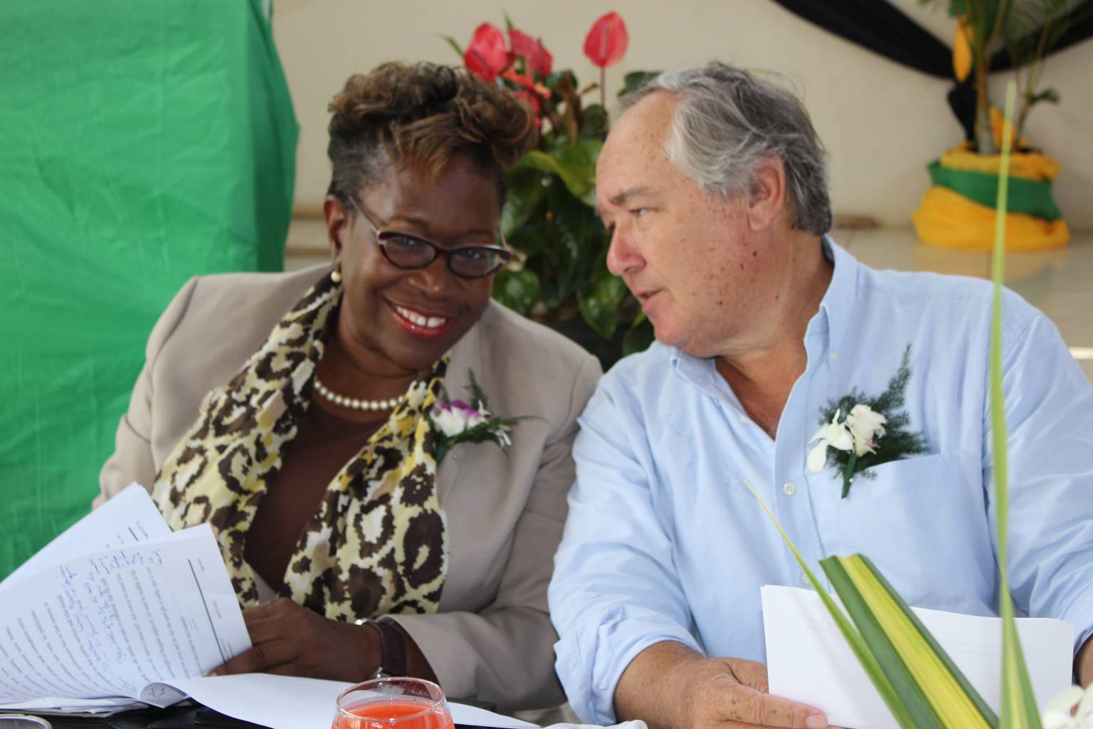 Director of Public Prosecutions (DPP), Paula Llewellyn, converses with Custos of Trelawny, Hon. Paul Muschett, at the Trelawny Association of Lay Magistrates’ awards ceremony held recently, at the New Testament Church of God in  Clark’s Town. 