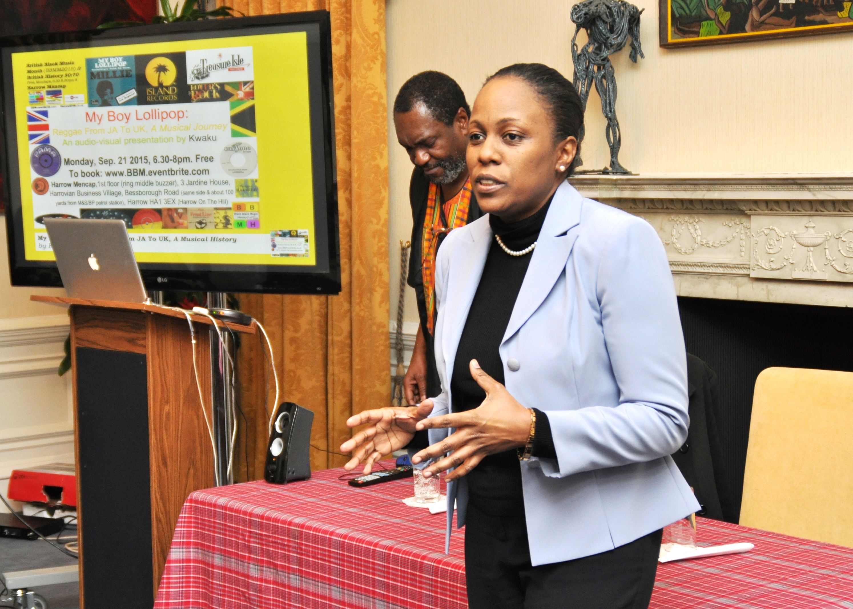 Deputy High Commissioner, Diedre Mills, welcomes guests to a Reggae Month event at the Jamaican High Commission in London on February 23.